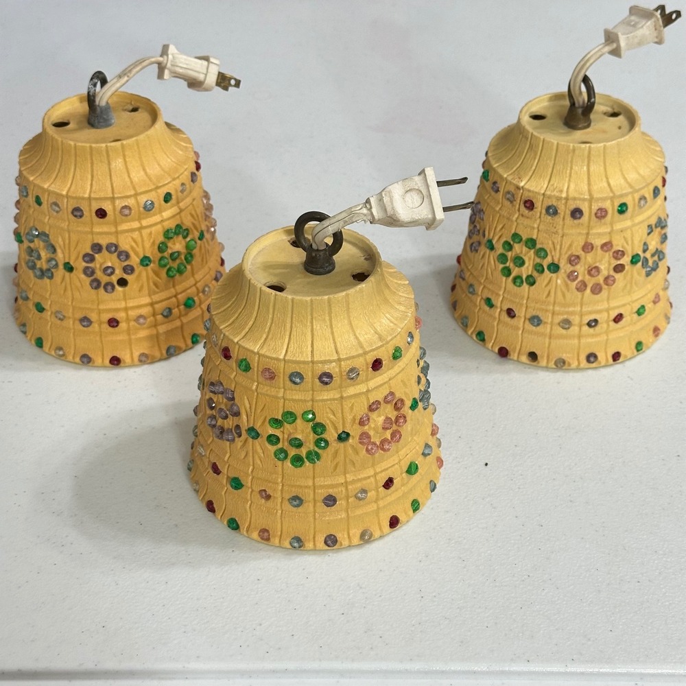 Vintage Lawnware Beaded Hanging Swag Lamps Set 3 Aged Patina MCM Retro RV Camper